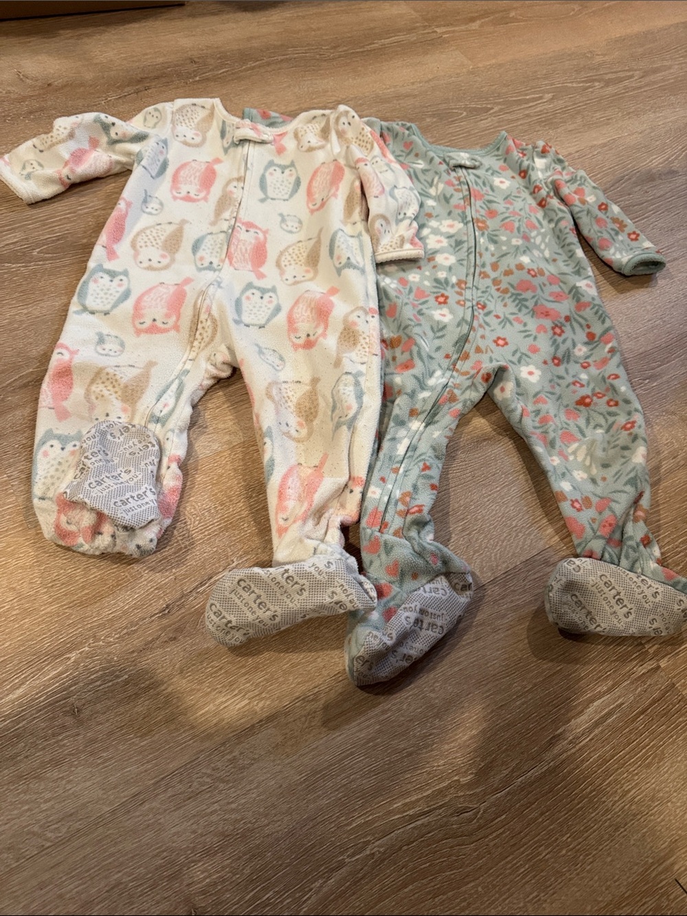 Carter's Owl Print Pink & Sage Floral Footed One-Pieces - 2 Pack